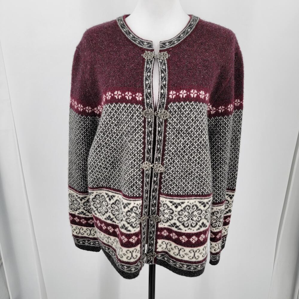 Carroll Reed Cardigan Sweater Womens Large Wool Burgundy Gray Metal Clasps